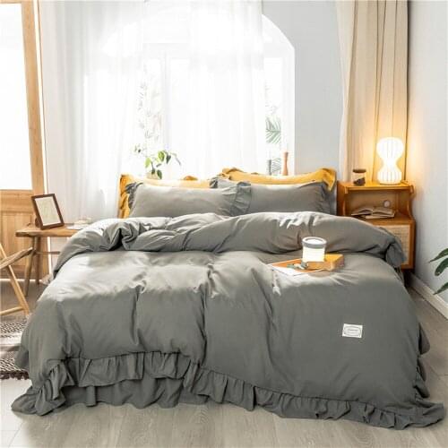 New Luxury Washed Cotton Household Bedding Set Lotus Lace Korean Version of Pure Color Simple Duvet Cover Bed Skirt 4-piece Suit