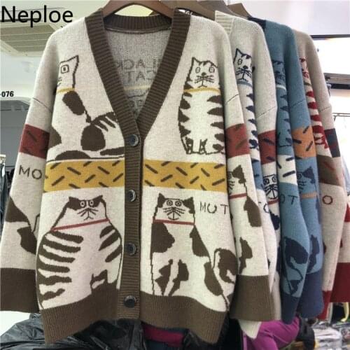 Neploe Fall 2021 Women Clothing Cute Cartoon Cat Crochet Floral Cardigan Oversized Outwear Korean Knit Sweater Coat Pull Femme
