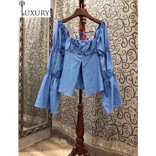 Autumn Fashion High 2020 Quality Blue Tops Women Square Collar Pleated Deco Flare Sleeve Casual Sexy Blouses Lady