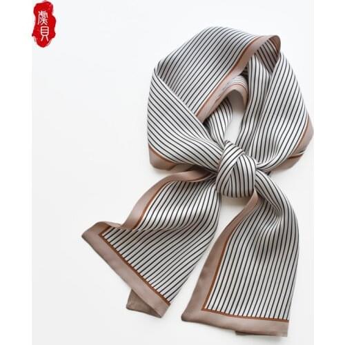 Light brown stripe natural silk women long scarf fashion ribbon foulard design neckerchief headscarf bandana warp gift for girls