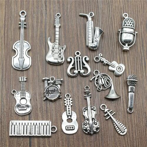 10pcs Musical Instrument Charms Antique Silver Color Guitar Microphone Violin French Horn Charms For Jewelry Making