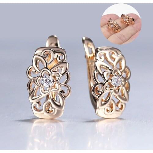 Square Flowers 585 Rose Gold/Rose White Color Drop Earrings for Women CZ Stone Carved Dangle Earrings Wedding Jewelry LGE329