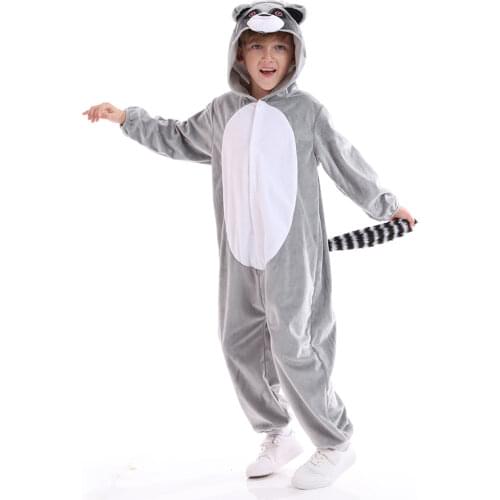 Unisex Halloween Grey Raccoon Cosplay Costume Kids Children Raccoon Animal Onesie Pyjamas with Tail Christmas Animal Bodysuit