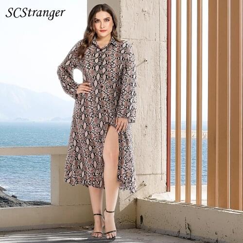 Plus Size Womens Clothing Autumn Fashion Dress Polo Collar Snakeskin Pattern Maxi Casual Floral Print Slit Long Sleeve Dress