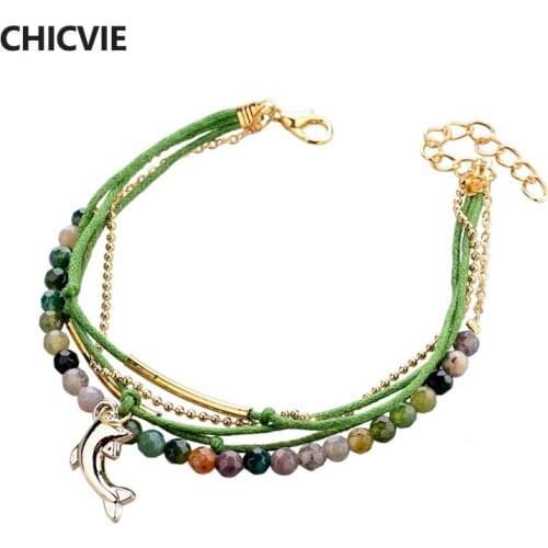CHICVIE Famous Brand Leather Wax Bracelet Natural Stone Beads Bracelets Bangle For Women Jewelry Gold Dolphin Bracelet SBR140613