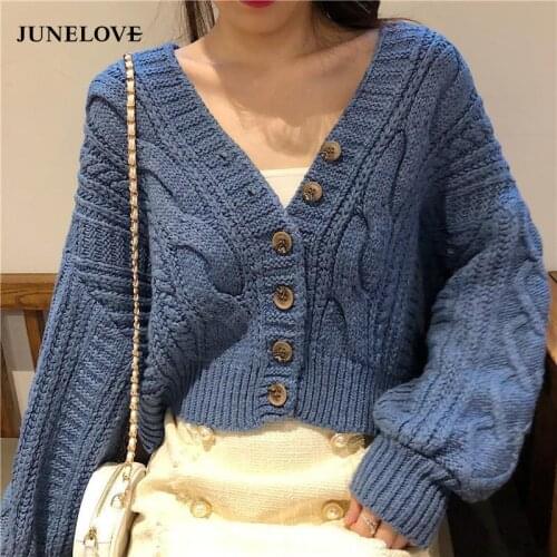JuneLove Women Sweater Vintage Spring Autumn V-Neck Long Sleeve Knitted Jacket Solid Simple Warm Cardigan Korean Femme Jumper