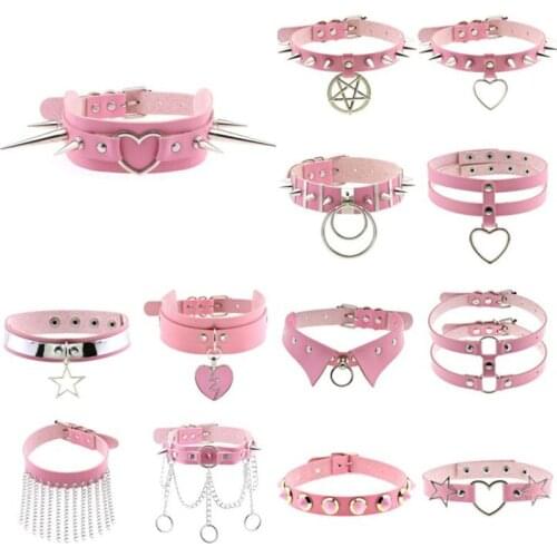 2021 Fashion Goth Harajuku Pink Leather Choker Necklaces For Women Boho Chains on The Neck Egirls Necklace Gothic Party Jewelry