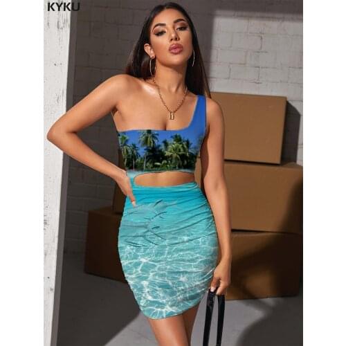 KYKU Fish Dress Women Animal Bodycon Dress Ocean Vestido Sexy Coconut Tree Halter Sleeveless Womens Clothing Plus Size Beach