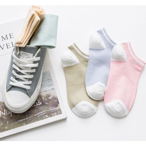 10 pieces = 5 pairs Korean style spring summer candy colored striped cuffs solid color cotton socks female socks women socks