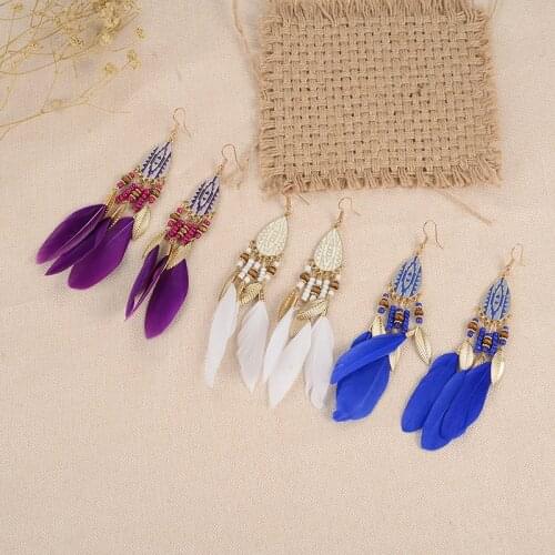 HONGYE 2021 Bohemia Colorful Feather Shape Dangle Earrings For Women Girl Indian Brincos Ethnic Vintage Jewelry Gift New