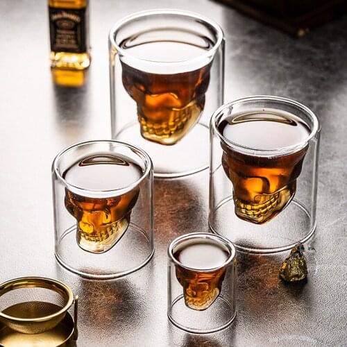 4PCS Skull Wine Glasses Set Double Transparent Glass Beer Whiskey Vodka Wine Water Champagne Cocktail glass Cup Bar Accessories