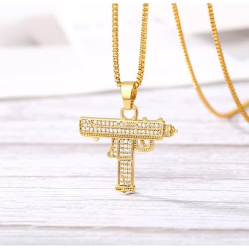 Hip Hop UZI Pendant Necklace GUN Shape Trend Cool Gothic Gold Color Army Style Male Stainless Steel Chain Men Necklaces Jewelry