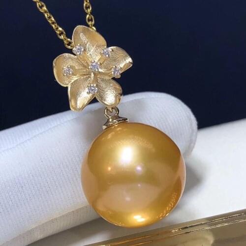 D320 Pearl Pendant Solid 18K Gold Natural 13-14mm Fresh Water Golden Edison Pearl Pendant Necklaces for Women Fine Necklace