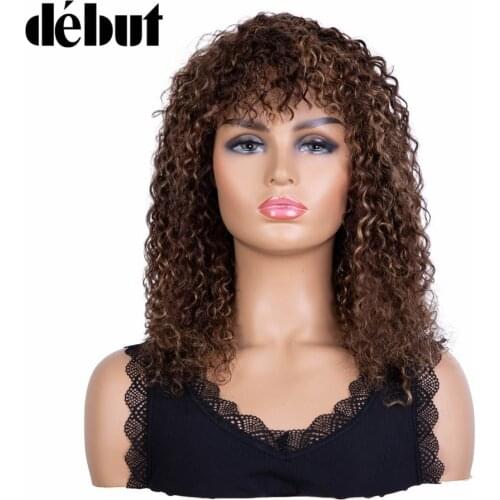 Debut Curly Human Hair Wig With Bangs Kinky Curly Wigs For Women P4/27 Brazilian Human Hair Wigs Cheap Jerry Curly Glueless Wigs
