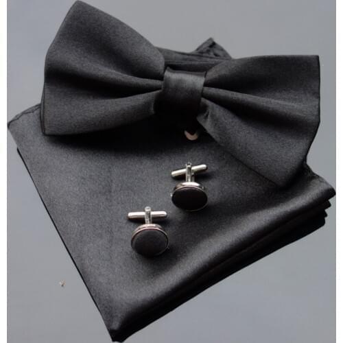 Ikepeibao Classic Black Satin Bowtie Sets Hanky Mens Solid Pattern Pajaritas Cufflinks Hombre Lazo Noeud Papillon Formal Wedding