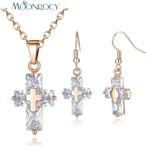 MOONROCY CZ Crystal Necklace and Earrings Jewelry Set Rose Gold / Silver Color Cironia Cross Wholesale for Women Girls Gift