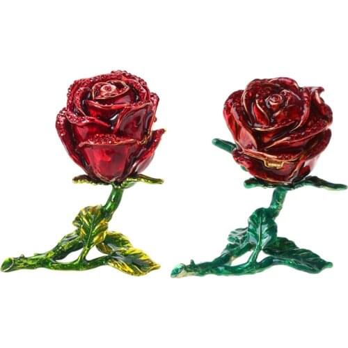 Creative Alloy Rose Flower Jewelry Storage Box Faux Diamond Rings Earrings Case Organizer Holder Decoration