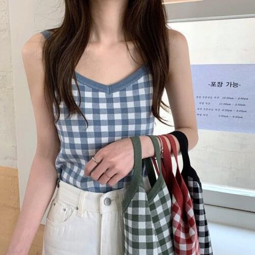 Fashion Knitted Crop Top Womens Summer Plaid Sleeveless Tank Tops Backless Camisole Strap V Neck Ladies Vest Tops Ropa Mujer