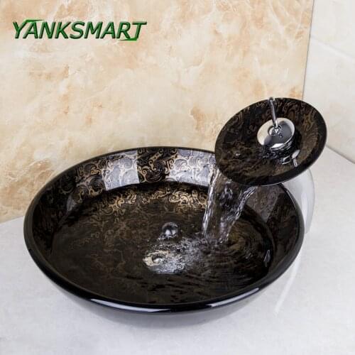 YANKSMART Totem Round Washbasin Lavatory Vessel Glass Bathroom Basin Sink & Chrome Waterfall Faucet Mixer Tap With Drain Set