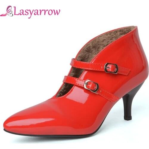 Lasyarrow Office Ladies Shoes Women Buckle Strap Sexy Pointed Toe Shallow Ankle Pumps Patent Leather Womens Shoes Black White