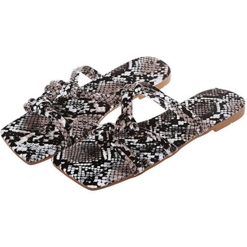 Summer Fashion Slippers For Women Serpentine Printed Squared Toe Casual Flip Flops Sandals Slip On Flat Slippers Beach Shoes