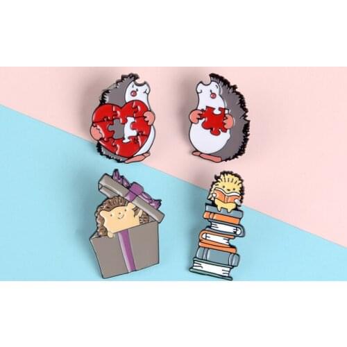 Cute Hedgehog Lapel Enamel Pins Jigsaw Love Heart Reading Books Hidden in box Brooches Badges Bag Pins Jewelry Gifts for Couples