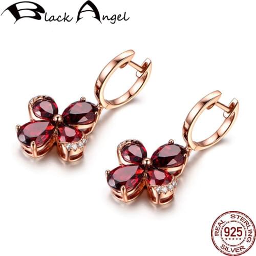 Fashion Ruby Drop Earrings for Women Russia Style Silver 925 Jewelry Lucky Clover Shaped Rose Gold Color Earrings Dropshipping