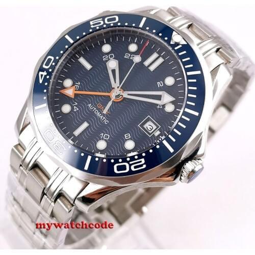 41mm Bliger Blue Sterile Dial GMT Sapphire Glass Ceramic Bezel Stainless Steel Automatic Mens Watch B296