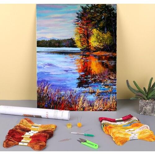 Landscape Autumn Over The River Printed 11CT Cross Stitch Kit Embroidery DMC Threads Craft Knitting Handicraft Wholesale