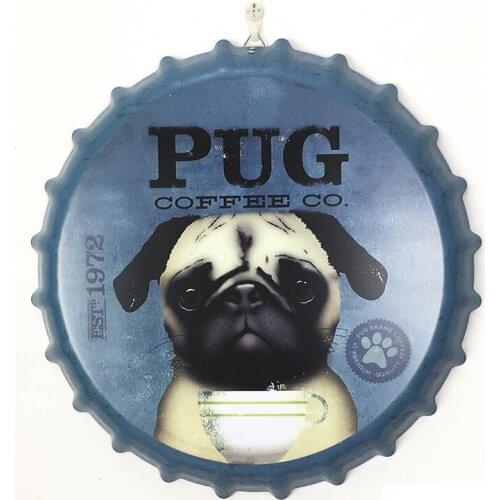 Pug Dog Rock Beer Bottle Cap Tin Sign Decor Round Hanging Craft Art Iron Painting Bar Pub Cafe Club Wall Decoration Metal Plaque