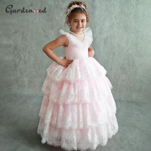 Puffy Lace Baby Girl Party Dress Kids Layers Flower Girl Dresses Hi-Low Princess Dress Cute First Communion Gowns