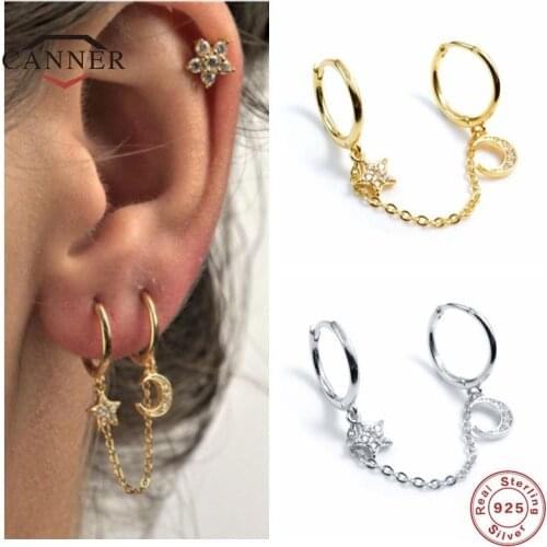 CANNER 925 Sterling Silver Gold Color Hoop Earrings For Women Star & Moon Zircon Piercing Earring Earings Jewelry Pendientes