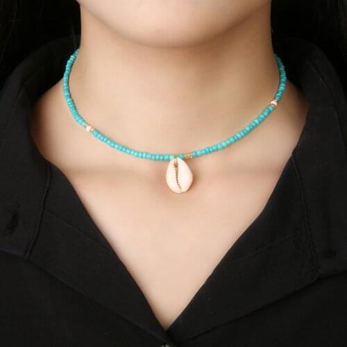 Shellhard Unique Natural Conch Shell Pendant Necklace Hot Summer Sea Beach Boho Green Beads Short Chain Charming Women Jewelry