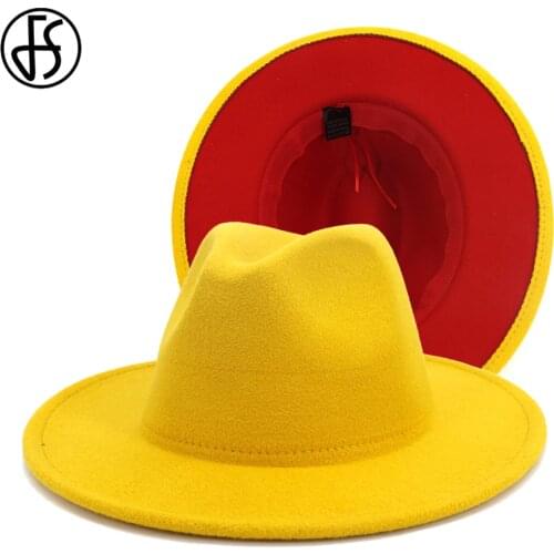FS 2020 New Yellow Red Patchwork Wool Felt Jazz Fedora Hats Men Women Wide Brim Panama Cowboy Trilby Hat Party Elegant Cap