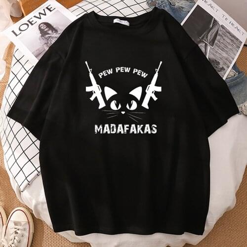 T-Shirts Cat Pew Madafakas Letter Print Male Short Sleeve Tshirts Fashion Hip Hop Men T Shirt Crewneck Harajuku Man Tee Top