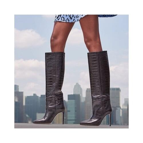 Crocodile Pattern Women Knee High Botas 2022 Pointed Toe Kitten Heels Runway Knight Boos Black Leather Autumn Winter Women Shoes