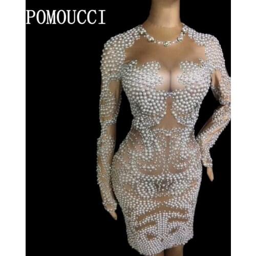 Womens New Sexy Pearls Dance Costume Long Sleeves Dress Outfit Pary Celebrate Nightclub Female Singer Leotard Wear Sexy Dress