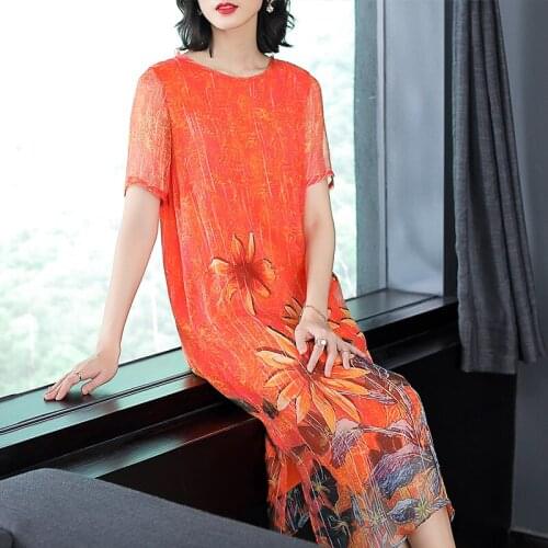 Fashion 2019 New Summer Dresses Women Casual Imitate Read Silk Print Slim Dress Short Sleeve O-Neck Loose Chinese Style Dress