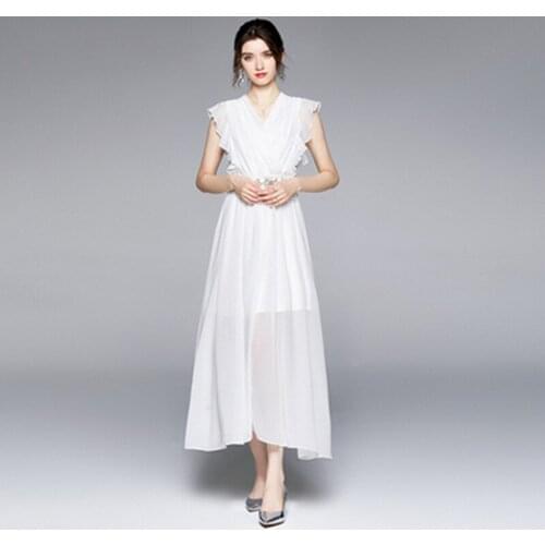 2021 Summer Runway Chiffon Party Dress For Women High Quality Beaded Ruffled V-Neck Solid Elegant Vacation Long Dresses