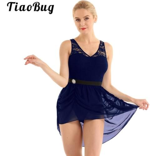 TiaoBug Adult Sleeveless Lace Asymmetrical Chiffon Gymnastics Leotards for Women Ballet Dress Competition Lyrical Dance Costumes