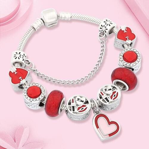 Leabyl Romantic Red Crystal Heart Charm Bracelet & Bangle Fashion Red Heart Arrow Lipstick Beads Bracelet for Women Girl Gift