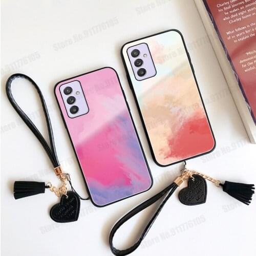 Gradient Watercolor Tempered Glass Phone Case For Samsung A32 A72 A72 A71 A51 A52 A42 A12 5G Wriststrap Lanyard Shockproof Cover