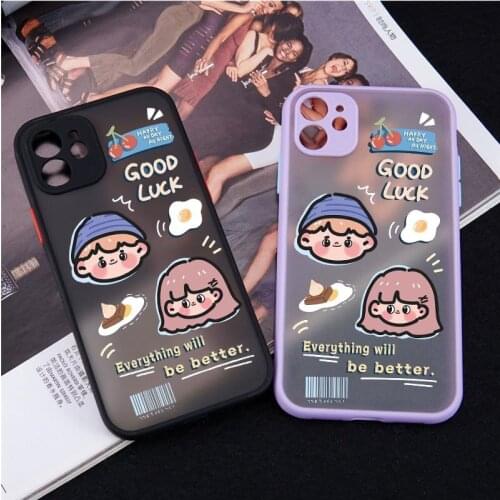 INS Cartoon Boy Girl Label Couple Phone Case For iPhone 11 12 Pro MaxX XS XR SE20 7 8 6Plus Graffiti Clear Hard Matte Cover Capa