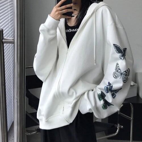 Puloru Women Loose White Hooded Coats Y2K Streetwear Butterfly Print Long Sleeve Zip Up Outerwear Casual Oversized Jackets