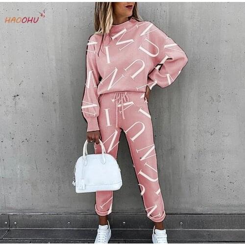 HAOOHU 2021 Summer Casual Female Tracksuit 2 Piece Set Womens Tie Dye Printing Turtle Neck Long Sleeve Fashion Leisure Suit