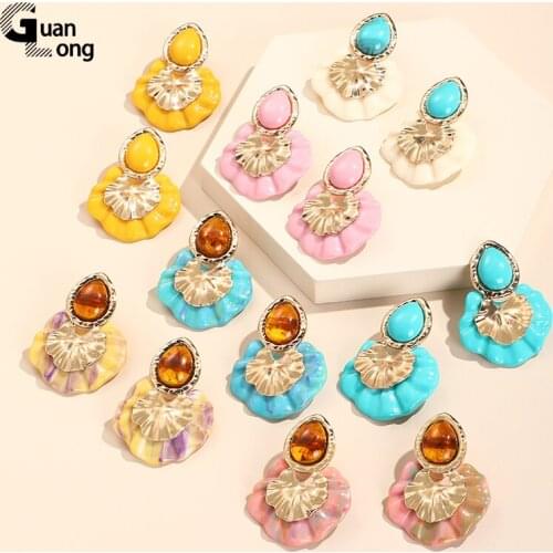 GuanLong Fashion Resin Acrylic Flower Drop Earring Big Gold Metal Korean Earrings for Women Wedding Long Earings Vintage Jewelry