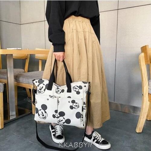 Cartoon Lady Shoulder Bag High Capacity Mickey Mouse Canves Handbag Cartoon Shopping Bag Disney Big Bag