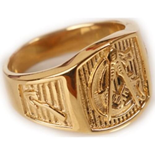 Gold Tone Freemason Mens Ring Free Mason 316L Stainless Steel Masonic Ring Size 7-15