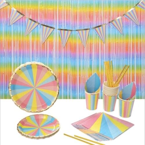 10pcs Rainbow Color Disposable Tableware Set Gold Foil Bronzing Decorating Paper Plate Cup Straw for Wedding Birthday Party Sup