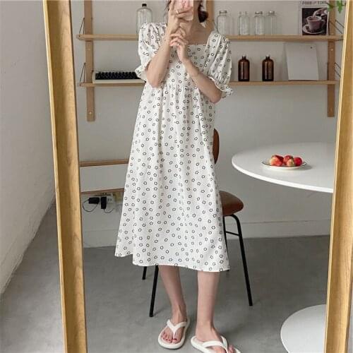 Nightdress 2021 Summer New Korean Smiling Face Nightgown Printed Square Collar Dress Home Clothes Female Sleepwear Nightwear